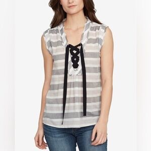 William Rast Cotton Striped Lace Up Short Sleeved Blouse.  Size Large